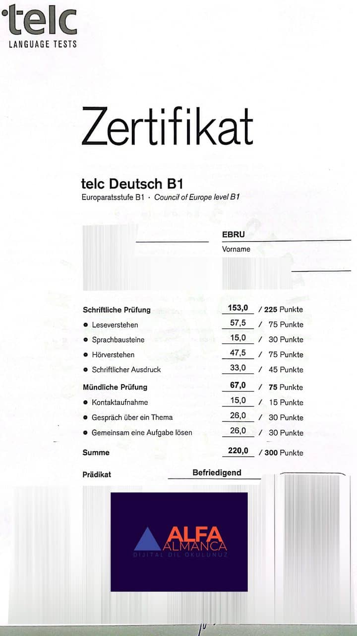 Öğrencimizin Almanca sertifikası