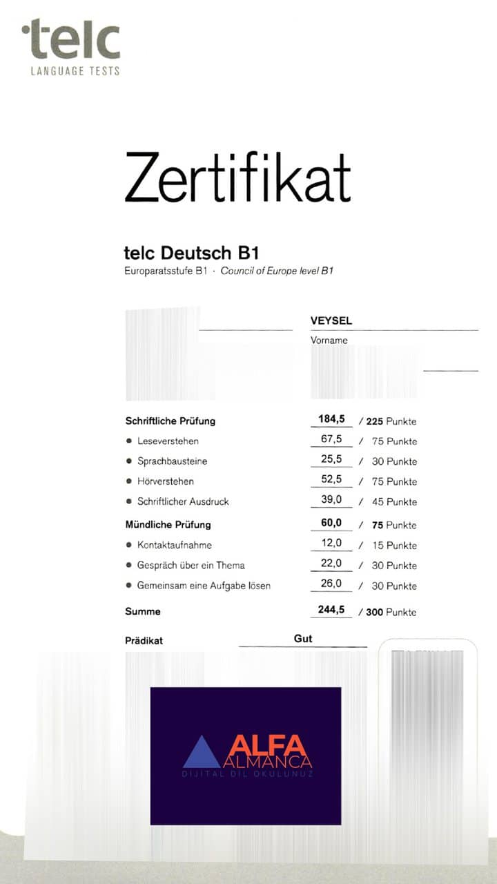Öğrencimizin Almanca sertifikası