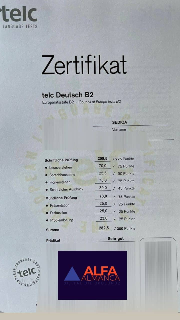 Öğrencimizin Almanca sertifikası