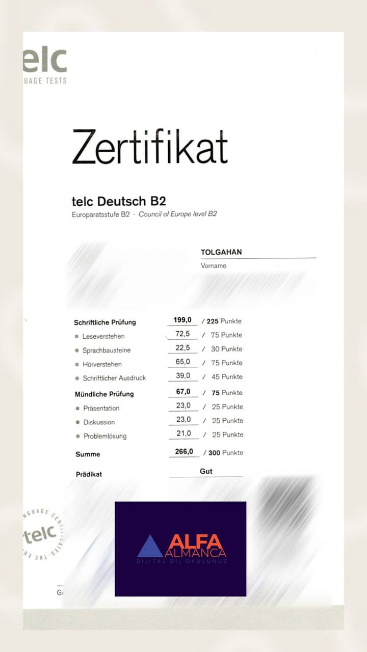 Öğrencimizin Almanca sertifikası
