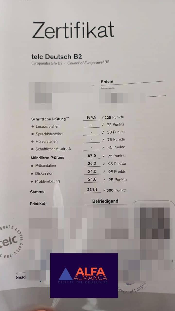 Öğrencimizin Almanca sertifikası